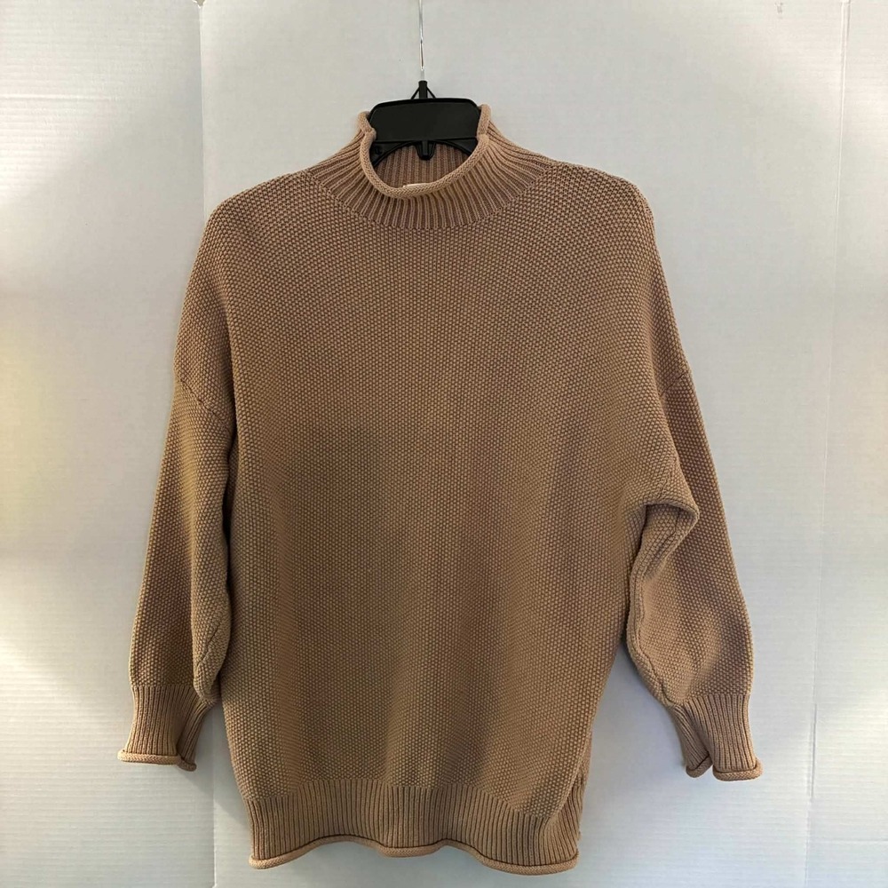 NAGOO Mock Neck Sweater Womens M Tan Popcorn Knit Oversized Chunky Cozy Pullover